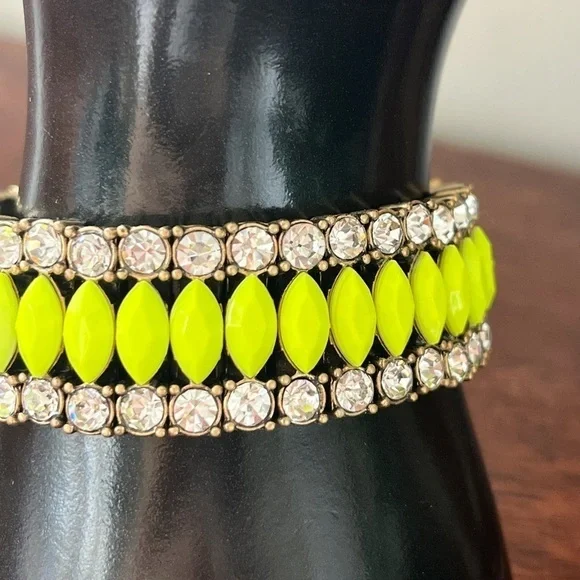 JCREW NWT rhinestone brass neon yellow stretch bracelet prom - Picture 8 of 14